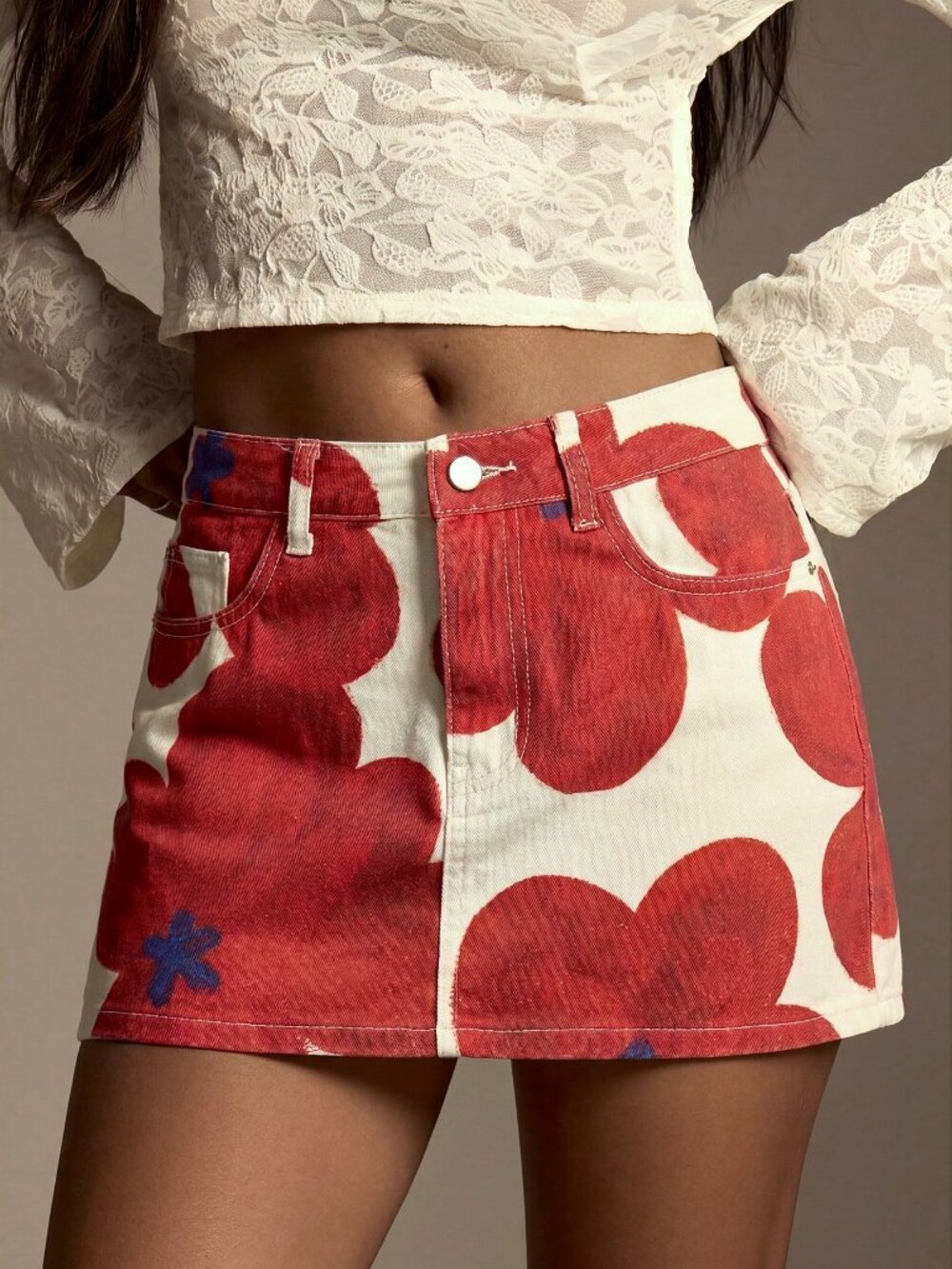 Red Casual Women's Sexy Floral Print Button Pocket Denim Mini Skirt